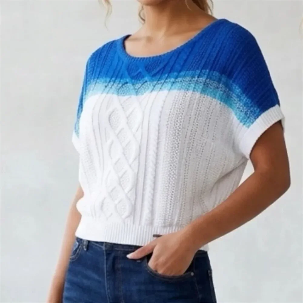 DESIGUAL Pullover Sweater Womens Sz S Ombre Cap Sleeve Boxy Chunky Fisherman Art